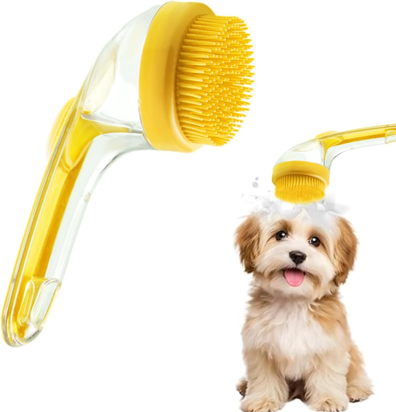 2-in-1 Dog Bath Brush with Soap Dispenser - Soft Silicone Grooming & Massage Scrubber for Dogs and Cats - Perfect for All Coat Types - Yellow