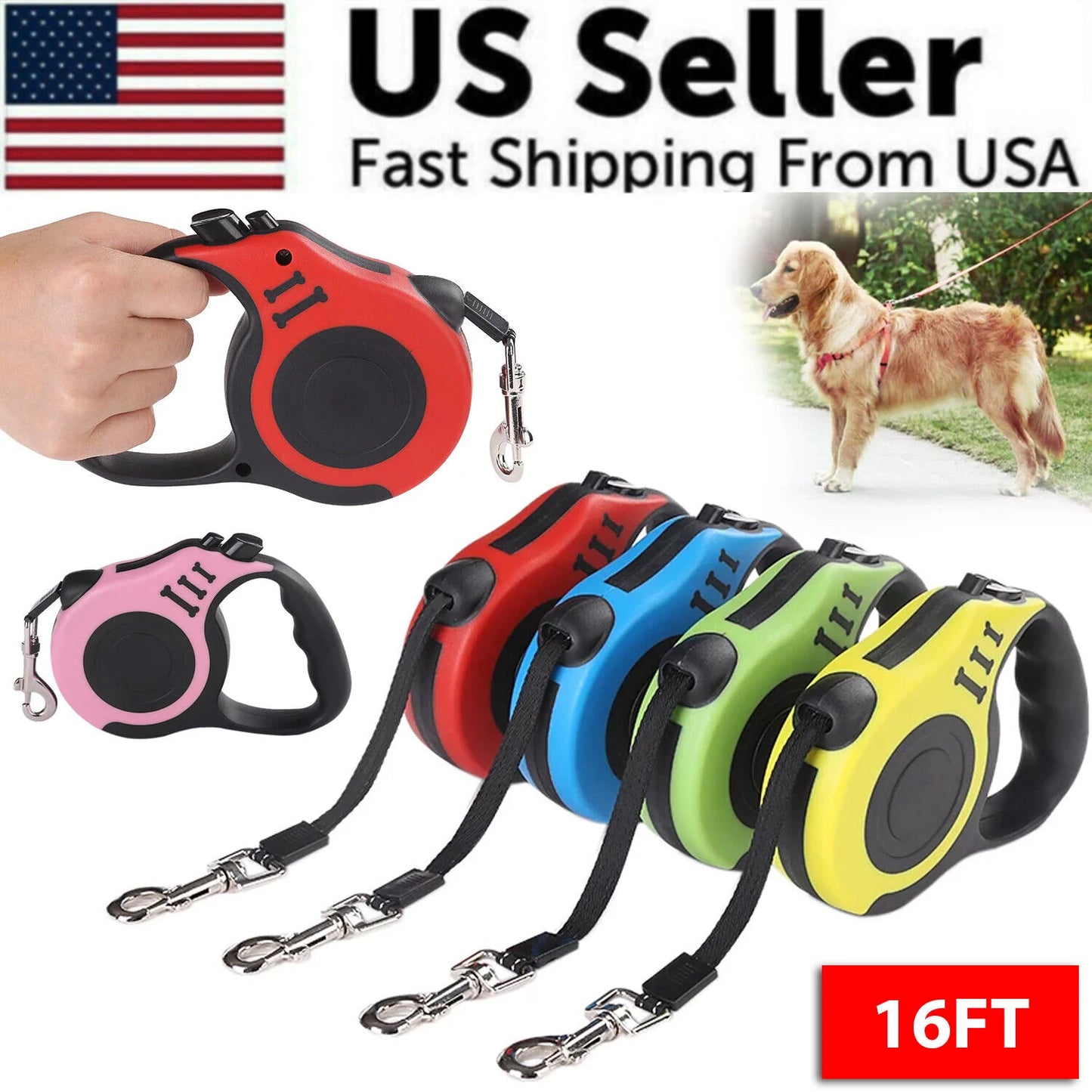16.5FT Automatic Retractable Dog Leash - Hands-Free Walking Lead with Pet Collar - Free Shipping in the US