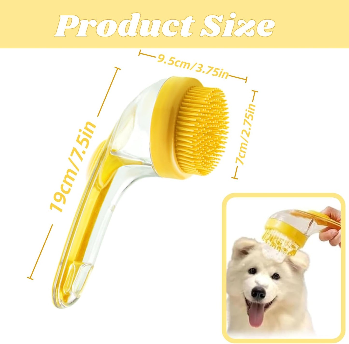 2-in-1 Dog Bath Brush with Soap Dispenser - Soft Silicone Grooming & Massage Scrubber for Dogs and Cats - Perfect for All Coat Types - Yellow