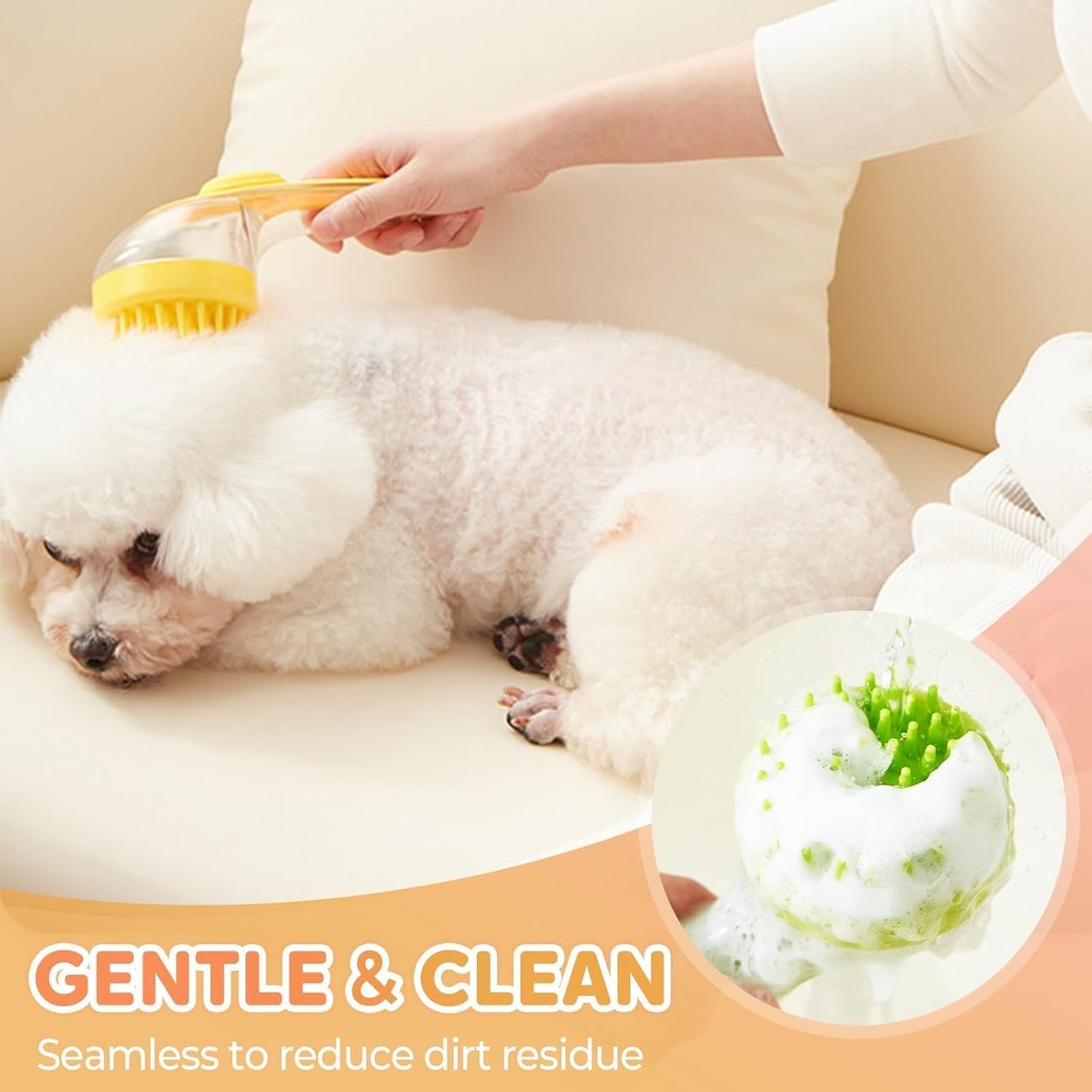 2-in-1 Dog Bath Brush with Soap Dispenser - Soft Silicone Grooming & Massage Scrubber for Dogs and Cats - Perfect for All Coat Types - Yellow