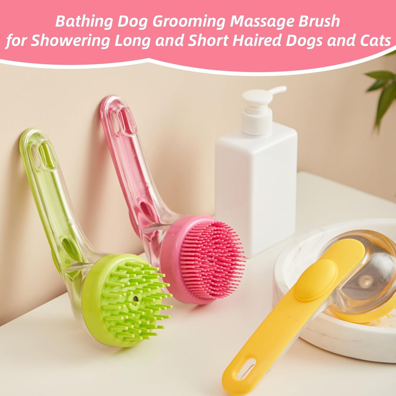 2-in-1 Dog Bath Brush with Soap Dispenser - Soft Silicone Grooming & Massage Scrubber for Dogs and Cats - Perfect for All Coat Types - Yellow